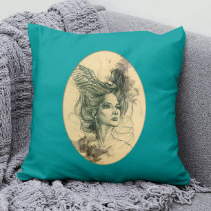 Almofada Fantasia Mulher face Crânio de pássaro Wings Arte