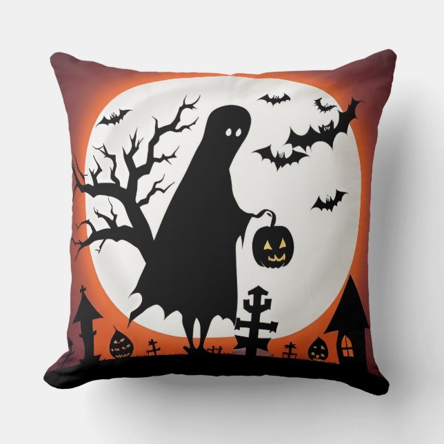 Almofada Fantasma de Halloween com Morcegos e Lua Cheia (Frente)