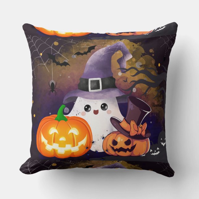 Almofada Fantasma de Halloween Fofo com Chapéu de Bruxa e A (Frente)