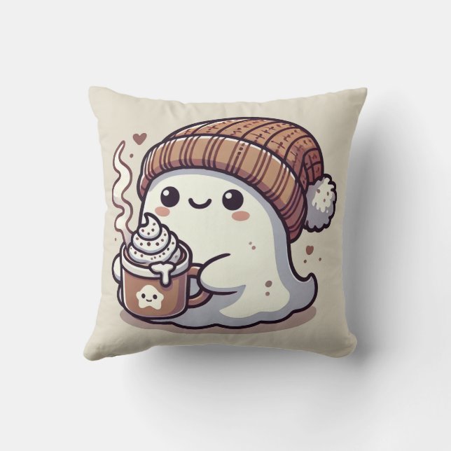 Almofada Fantasma de Halloween Fofo com Gorro de Outono e C (Verso)