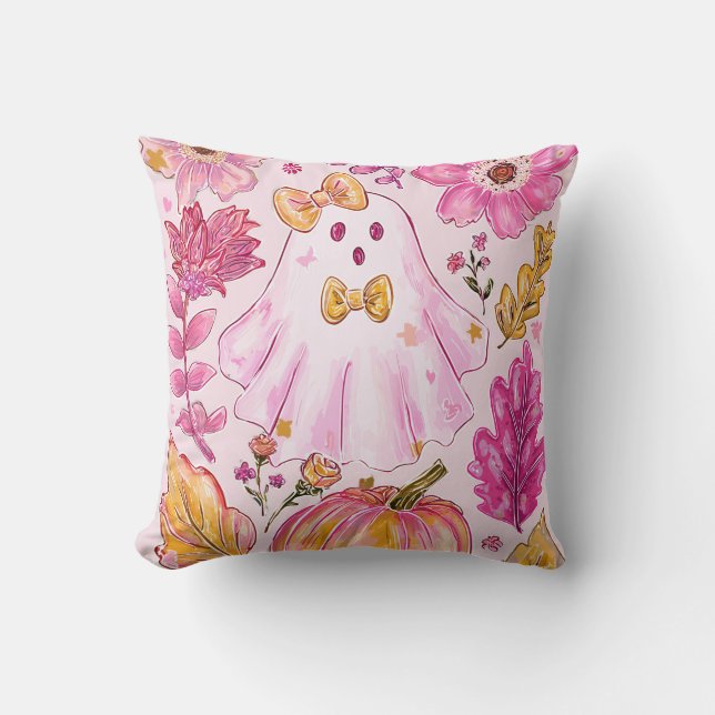 Almofada Fantasma de Halloween Rosa Pastel com Flores e Abó (Frente)