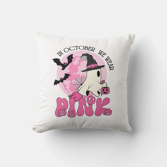Almofada Fantasma do Halloween Em outubro Vestimos Rosa (Frente)
