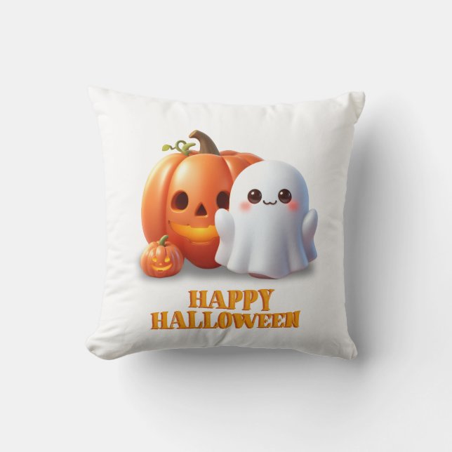 Almofada Fantasma Fofo & Abóbora Feliz Halloween  (Frente)