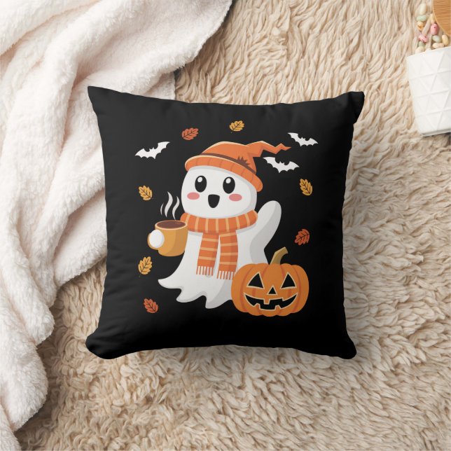 Almofada Fantasma Fofo Bebendo Café Gelado Halloween  (Cobertor)