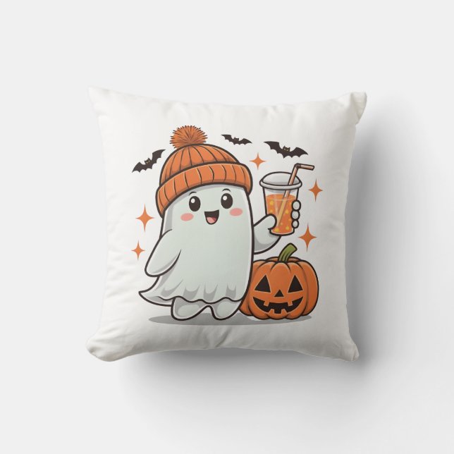Almofada Fantasma, Morcegos, Abóbora e Bebida, Halloween Fo (Frente)
