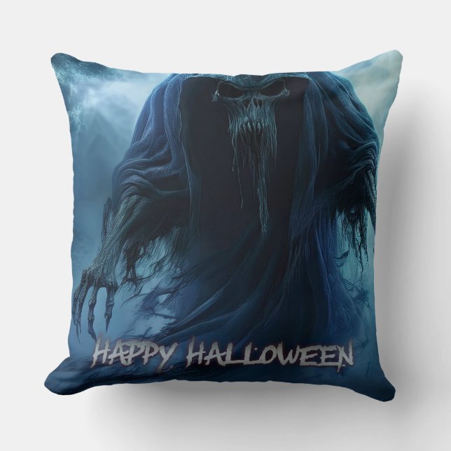 Almofada Fantasma preto em uma paisagem infernal - Hallowee (Frente)