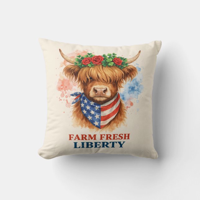 Almofada Farm Fresh Liberty Highland Cow Patriotic USA Art (Frente)