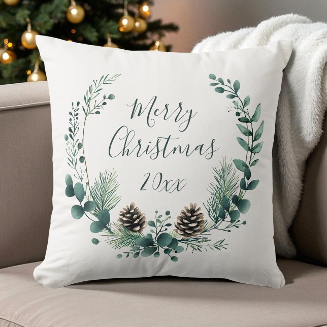 Almofada Farmação de terra russa verde Feliz Natal (Green Rustic Wreath Farmhouse Merry Christmas Throw Pillow)