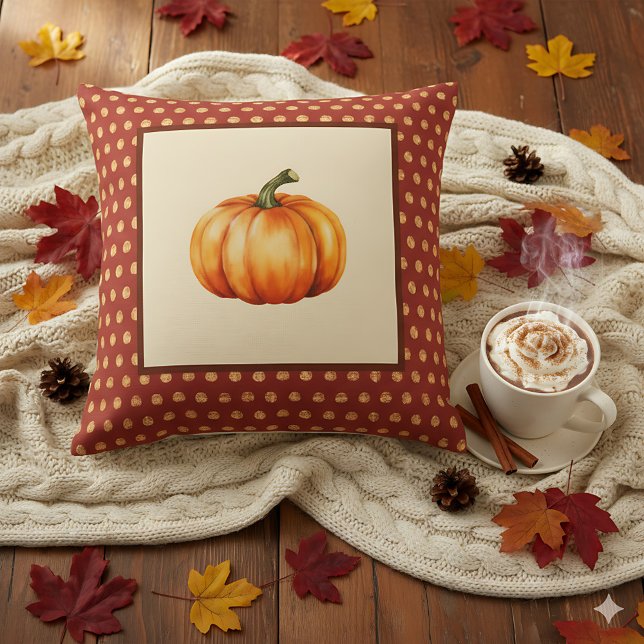 Almofada Farmhouse Fall Decor with Pumpkin - Retro Autumn (Decorative pumpkin pillow with fall leaves background.)