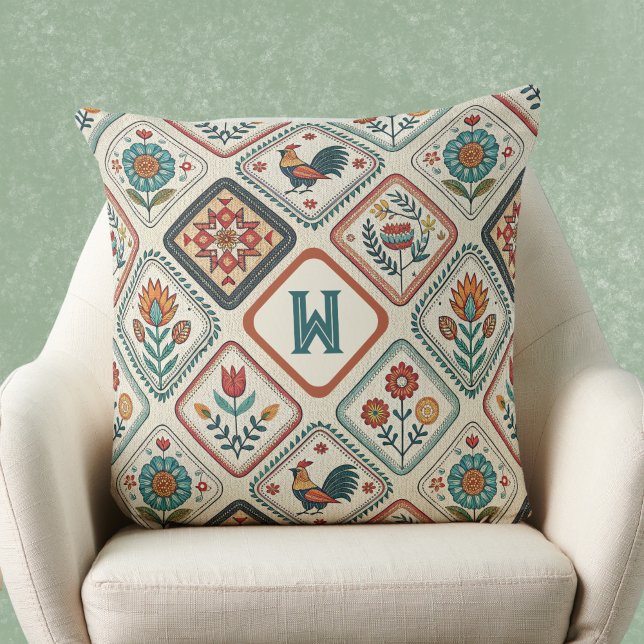 Almofada Farmhouse Folk Sage Green and Orange Monogram  (Criador carregado)