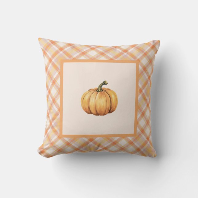 Almofada Farmhouse Orange Pumpkin Pastel Xadrez outono (Frente)