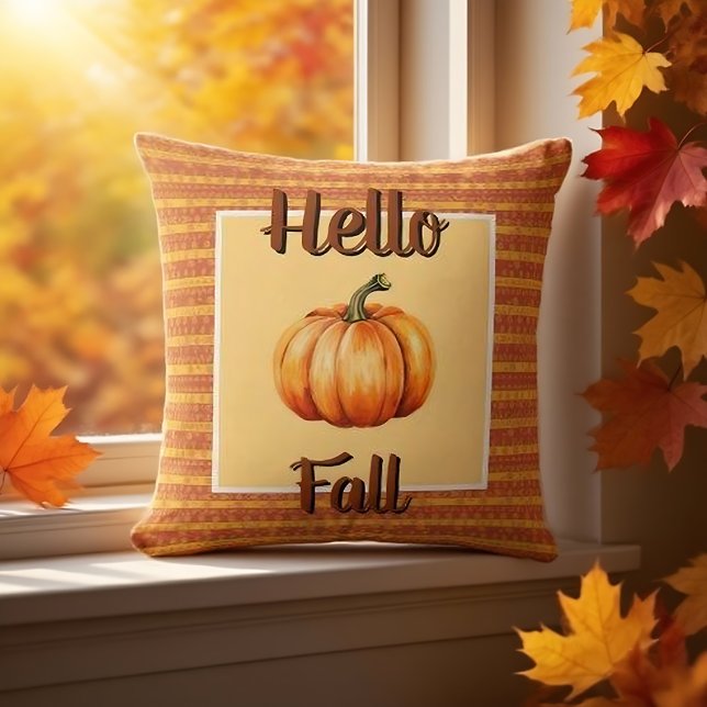 Almofada Farmhouse Rustic Orange Pumpkin Olá Decência de Qu (Hello Fall pillow adds rustic autumn warmth to your cozy home.)