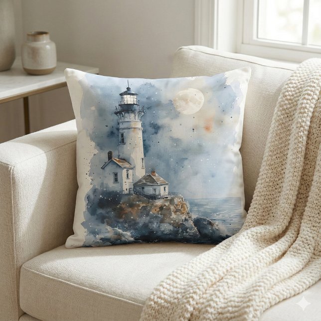 Almofada Farol Iluminado pela Lua na Costa Rochosa (Moonlit Lighthouse on Rocky Coastline Throw Pillow Mockup A)