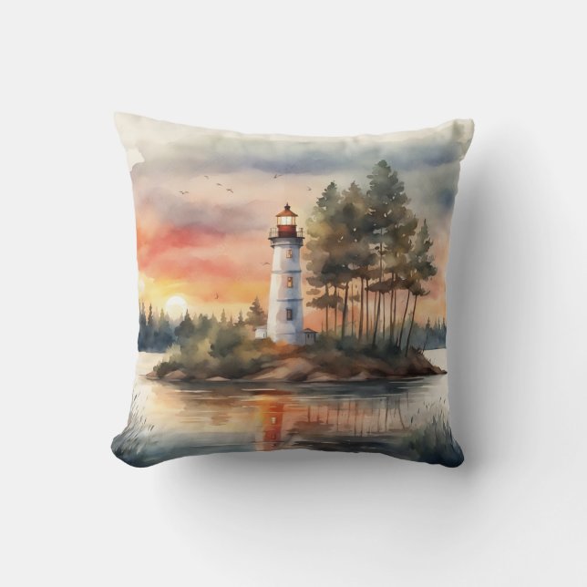 Almofada "Farol Tropical no Sunset - Watercolor Digita (Frente)