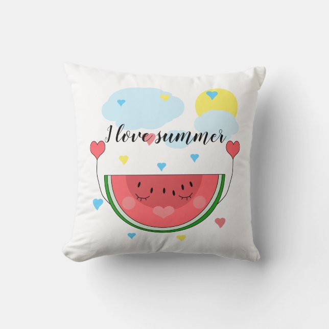 Almofada Fatia de melancia, texto, "Eu amo o verão", (Frente)