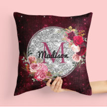 Faux Chic Silver Glitter Burgundy Monograma floral