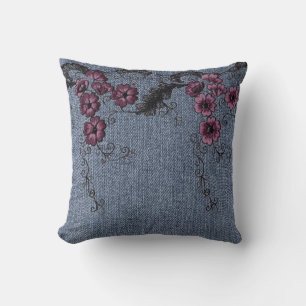Almofada *~* Faux Denim Mão Sintada Flores