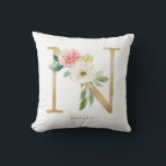 Almofada Faux Gold Foil Floral - Letra N Monograma<br><div class="desc">Travesseiro floral N,  feminina e elegante,  com ilustrações em aquarela de flores brancas,  verde e monograma de folha falsa. Personalize adicionando um nome ou uma frase curta. Este travesseiro floral monograma será perfeito como presente personalizado.</div>