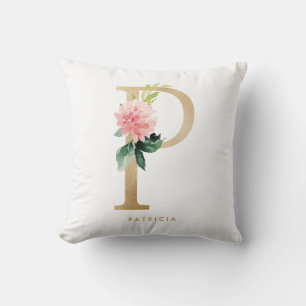 Almofada Faux Gold Foil Floral - Letra P Monograma Nursery