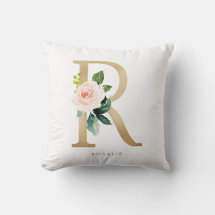Almofada Faux Gold Foil Floral - Letra R Monograma Nursery
