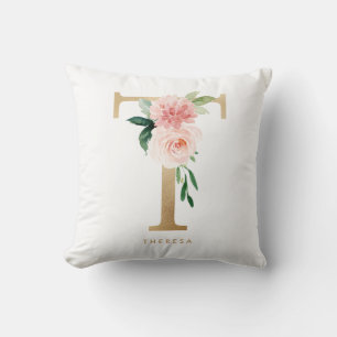 Almofada Faux Gold Foil Floral - Letra T Monograma Nursery