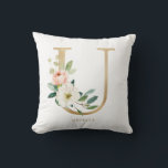 Almofada Faux Gold Foil Floral - Letra U Monograma<br><div class="desc">Travesseiro floral U,  feminino e elegante,  com ilustrações em aquarela de flores brancas,  verde e monograma em folha falsa. Personalize adicionando um nome ou uma frase curta. Este travesseiro floral monograma será perfeito como presente personalizado.</div>