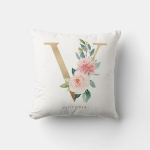 Almofada Faux Gold Foil Floral - Letra V Monograma Nursery