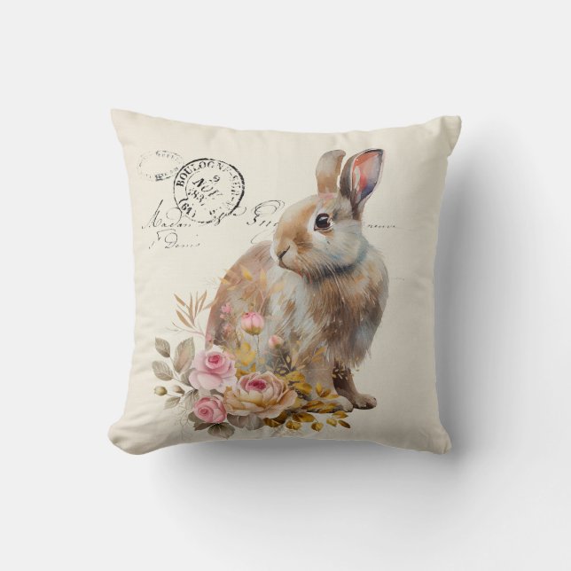 Almofada Faux linen french Bunny com rosas (Frente)