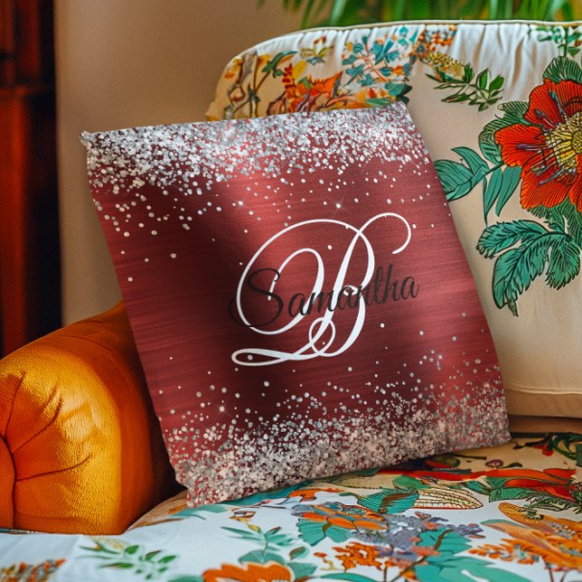 Almofada Faux Shiny Silver Glitter Red Foil Monograma (Faux Shiny Silver Glitter Red Foil Monogram Throw Pillow)