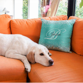 Almofada Faux Shiny Silver Glitter Turquoise Monograma