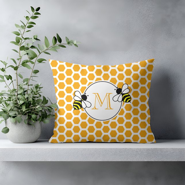 Almofada Favo de Mel Laranja e Padrão de Abelhas Monogramad (Criador carregado)