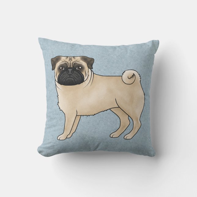 Almofada Fawn Pug Canine Cãozinho Cartoon Illustração Azul (Frente)