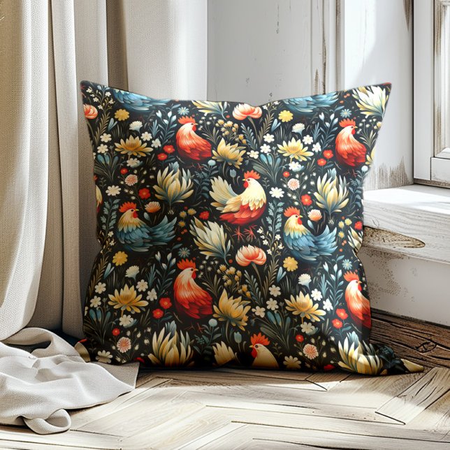 Almofada Fazenda de Frango Galo Azul Marinho  (Red and blue rooster pattern on black decorator pillow)