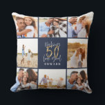 Almofada Fazer 50 parece um bom aniversário de fotos em our<br><div class="desc">Comemore seu aniversário de 60 anos em estilo com este design de 60 anos de efeito azul e ouro. Um design moderno com texto de script e gráficos ousados. Altere a cor para personalizar. Parte de uma coleção.</div>