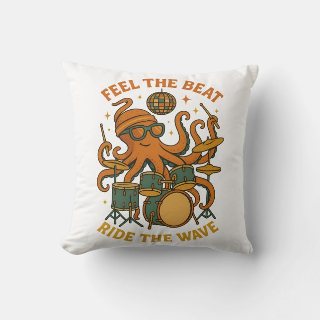 Almofada Feel the Beat Octopus Drummer Retro 70s Disco tee (Frente)