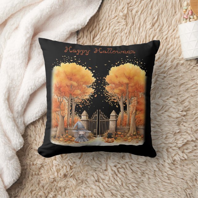 Almofada Feiticeira e Gato fora do Portão Halloween (Cobertor)
