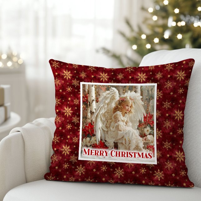 Almofada Felicidade Vermelho e Dourado Travesseiro de Natal (Happy Red and Gold Vintage Angel Christmas Pillow)
