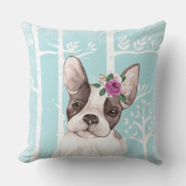 Almofada Feliz Animal com Flores em Floresta Azul-Cão-Cacho