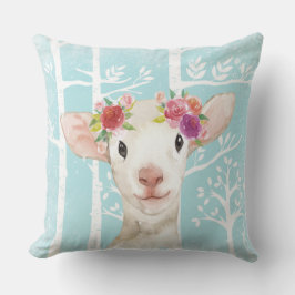 Almofada Feliz Animal com Flores em Floresta Azul-Ovinos