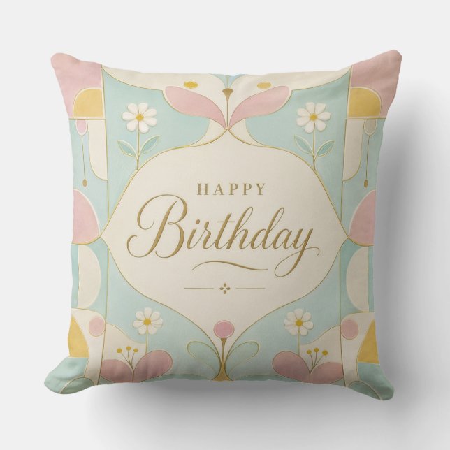 Almofada Feliz Aniversário Art Déco Floral Geométrico Paste (Frente)