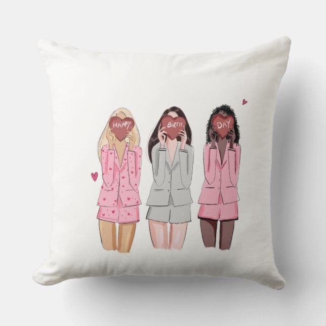 Almofada Feliz aniversário ilustra garotas rosa (Frente)