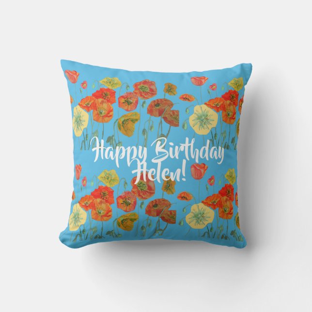 Almofada Feliz aniversário Poppy floral damas Nome Cushion (Frente)