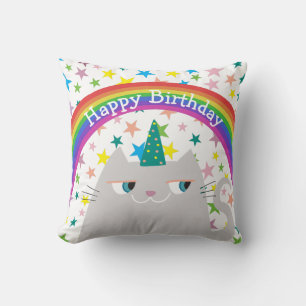 Almofada Feliz Aniversário Travesseiro de Gato Colorido Fof
