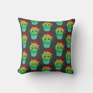 Almofada Feliz Cactus Verde num Padrão Sombrero Vermelho