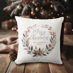 Almofada Feliz de Natal Castanho, Cobre Caramel Teal Wreath