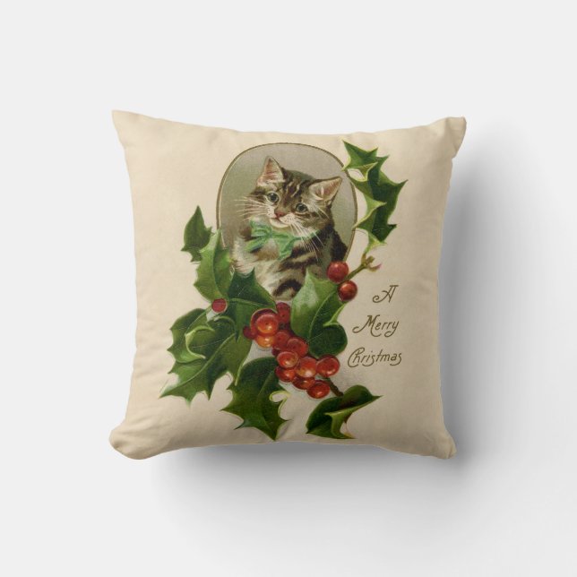 Almofada Feliz de Natal Holly Kitten Arte Antiquada (Frente)