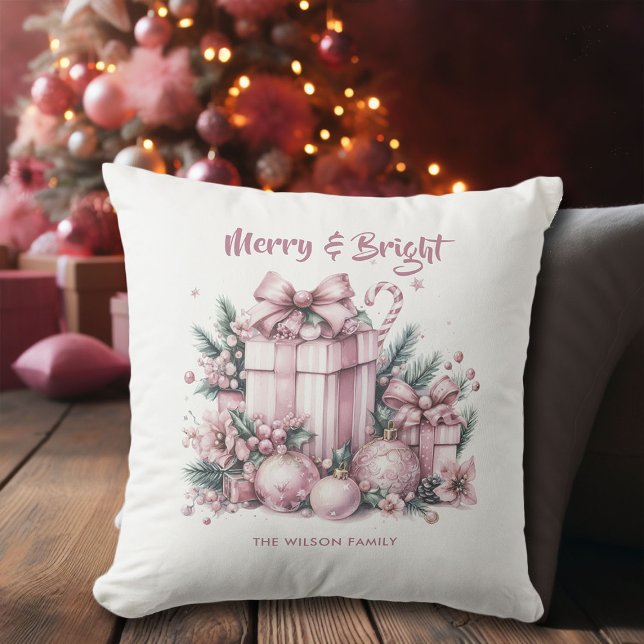 Almofada Feliz de Natal rosa, Décor, personalizada (pink christmas ideas glam personalized throw pillow decor watercolor presents baubles decorations)