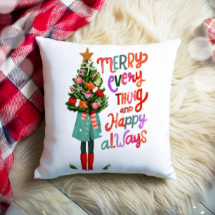 Almofada Feliz de Natal Tudo Feliz Árvore Sempre Xmas