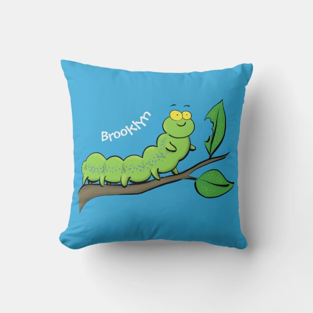 Almofada Feliz desenho de cartoon verde da lagarta (Frente)