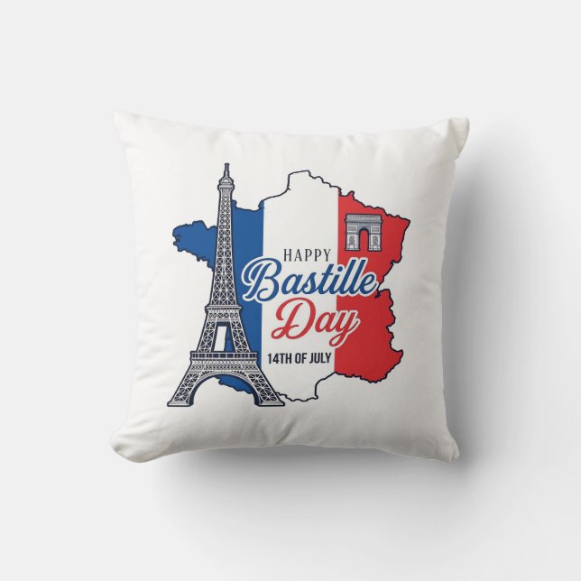 Almofada Feliz Dia da Bastilha França Mapa Torre Eiffel Vec (Frente)